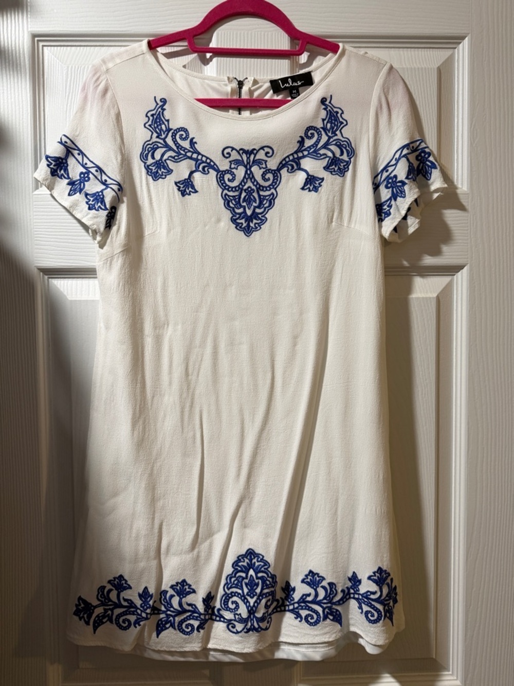 Lulu's White Dress with Blue Embroidered Trim